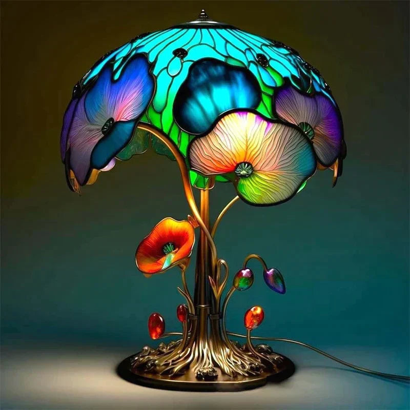 Colourful stained glass-style floral mushroom table lamp
