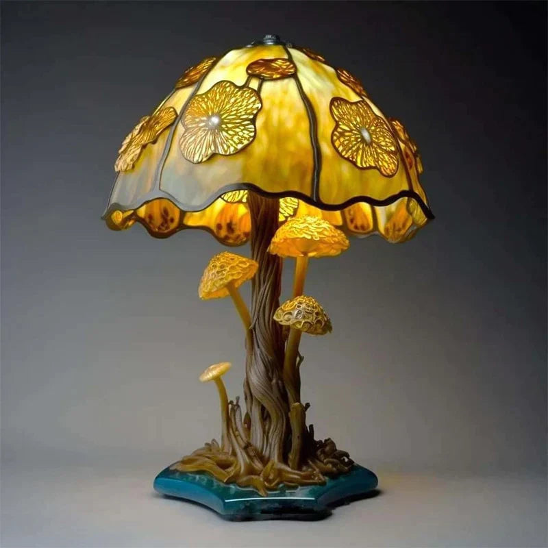 Colourful stained glass-style floral mushroom table lamp