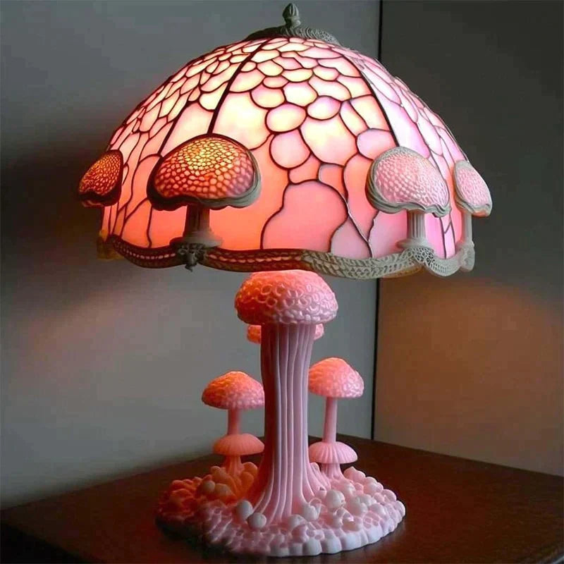 Colourful stained glass-style floral mushroom table lamp