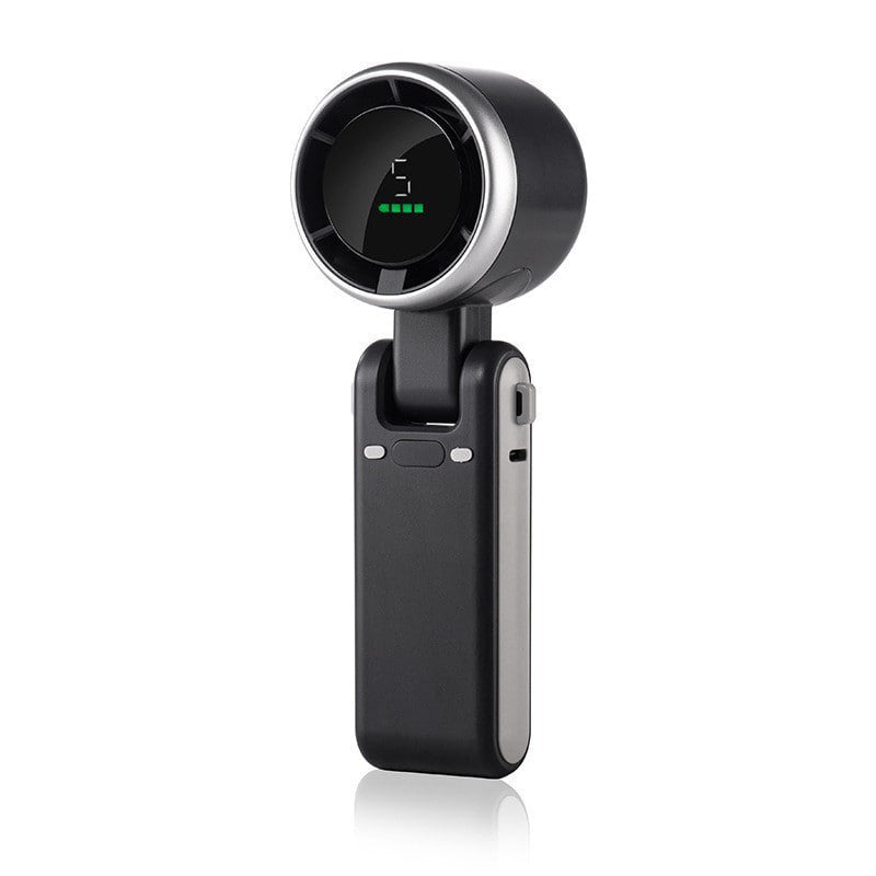 Portable handheld fan with circular digital display and hinged handle