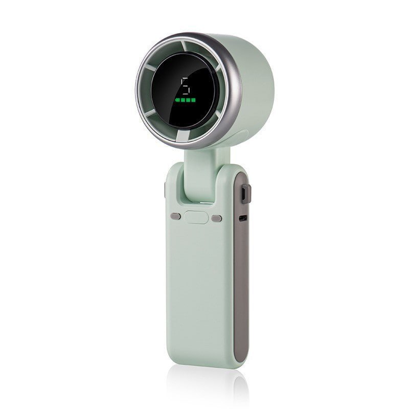 Portable handheld fan with circular digital display and hinged handle