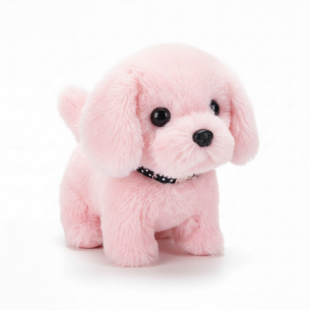 Interactive dog plush toy with soft fur, floppy ears and curled tail