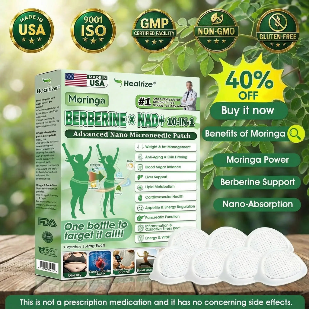 White round Berberine and NAD+ microneedle skin patches beside their green retail box