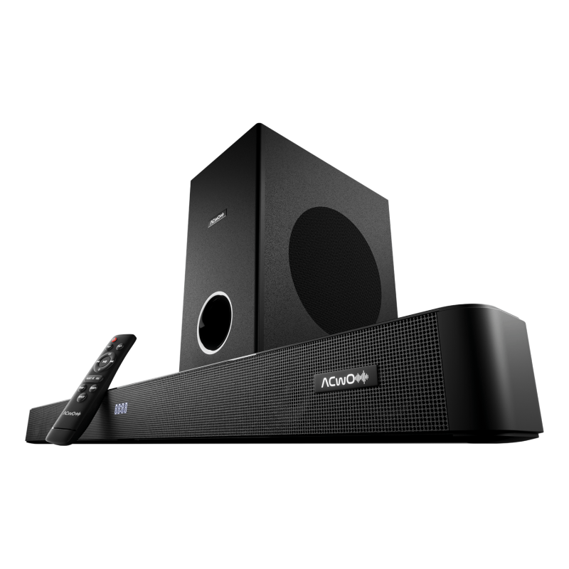 Black soundbar speaker system with separate subwoofer and remote control