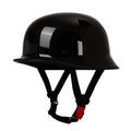 Open face motorcycle helmet with brim, chin strap and buckle
