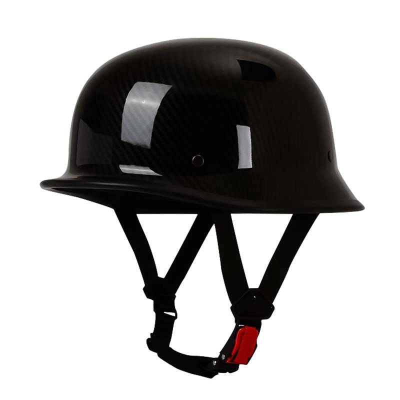Open face motorcycle helmet with brim, chin strap and buckle