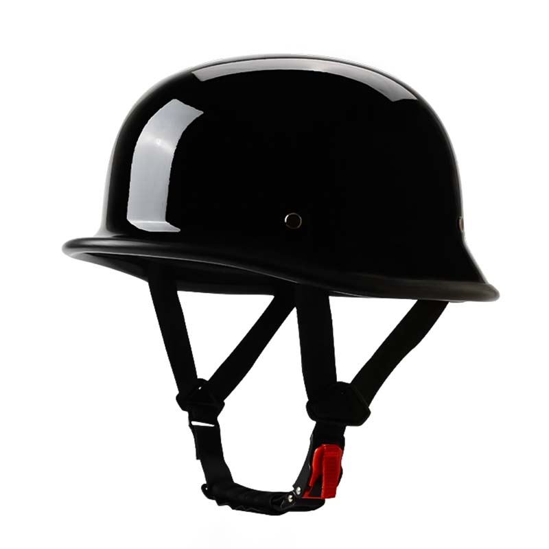 Open face motorcycle helmet with brim, chin strap and buckle