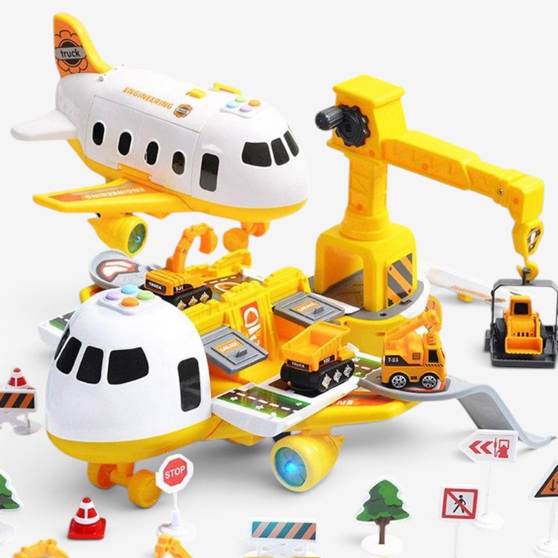 Aircraft playset with mini construction vehicles, ramps and road accessories