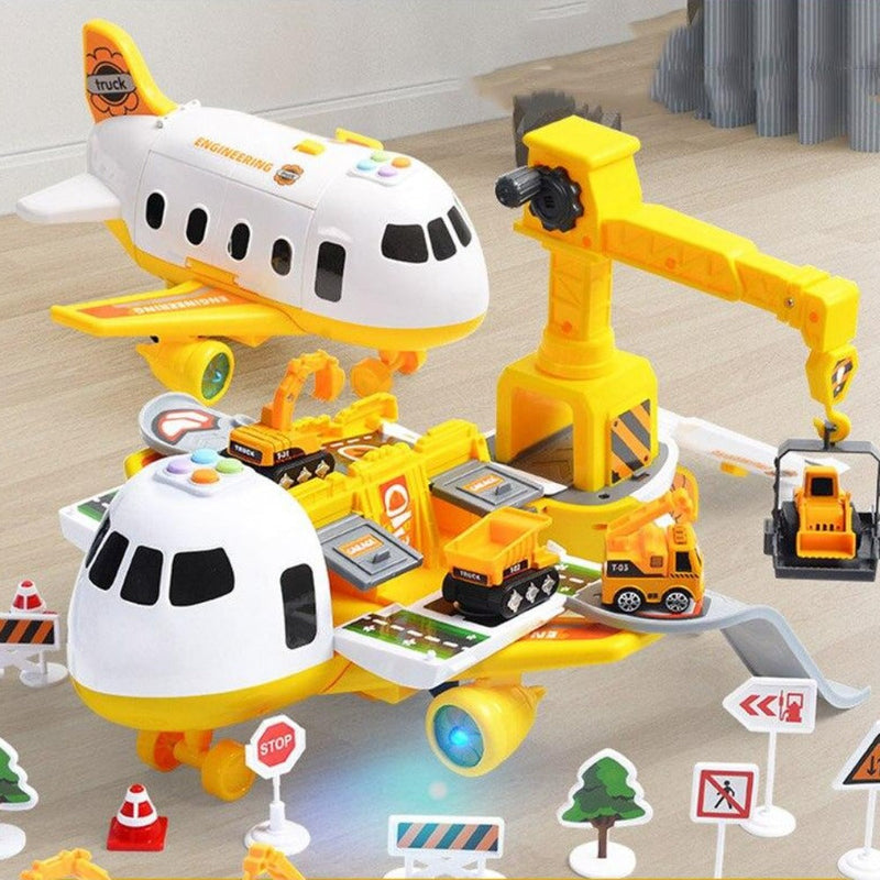 Aircraft playset with mini construction vehicles, ramps and road accessories
