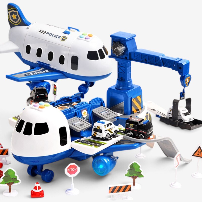 Aircraft playset with mini construction vehicles, ramps and road accessories