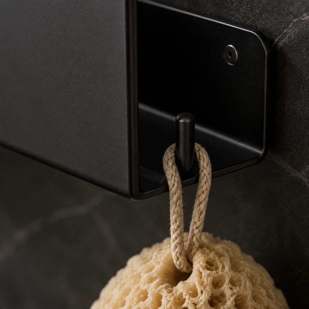 Open wall-mounted aluminium bathroom shelf with integrated side hook