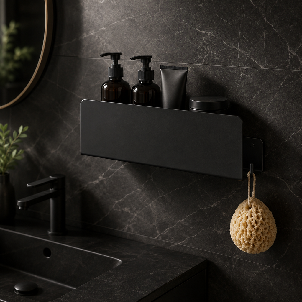 Open wall-mounted aluminium bathroom shelf with integrated side hook