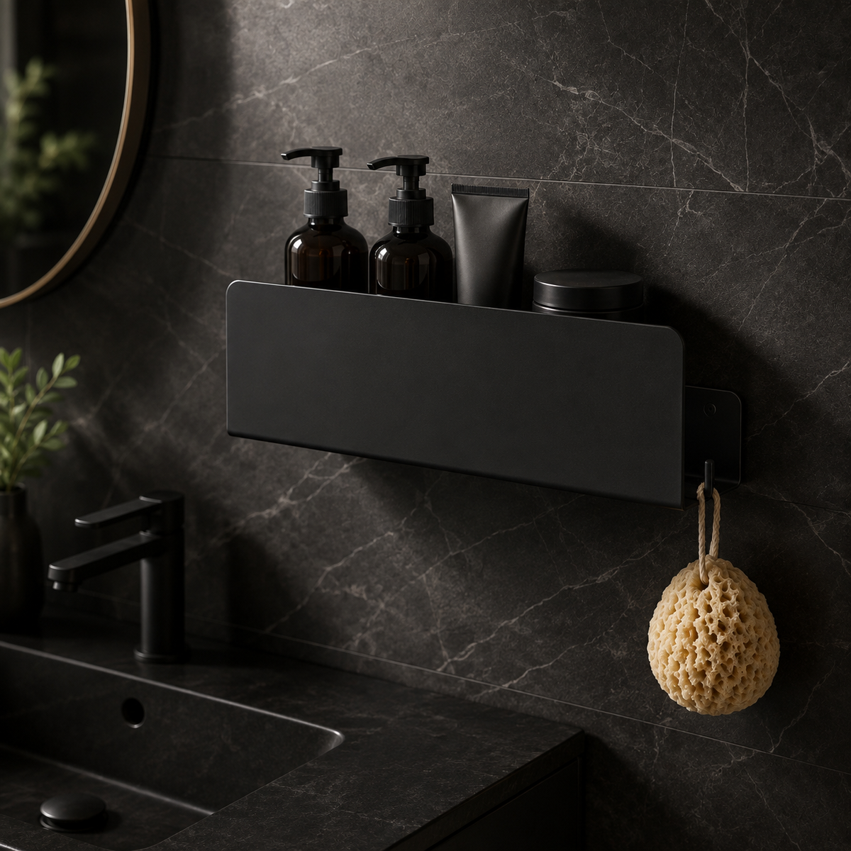 Open wall-mounted aluminium bathroom shelf with integrated side hook
