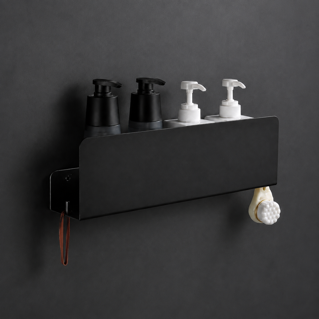 Open wall-mounted aluminium bathroom shelf with integrated side hook