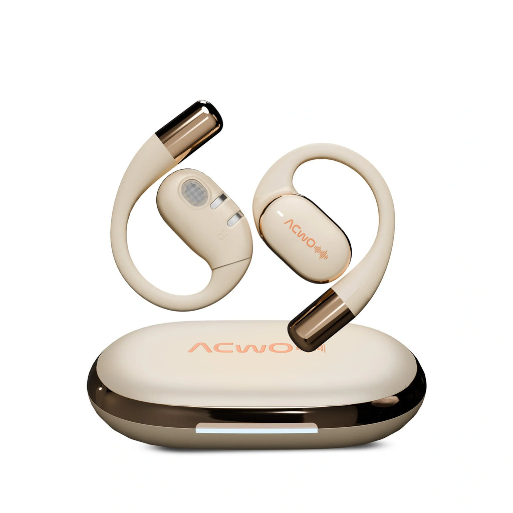 Open-ear true wireless earbuds with looped ear sections and matching charging case