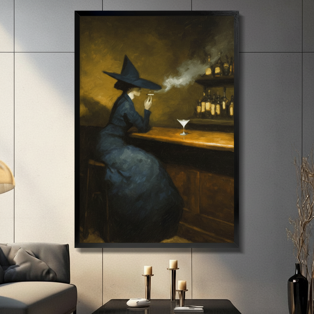 Framed canvas wall art showing a witch seated at a bar with a martini glass