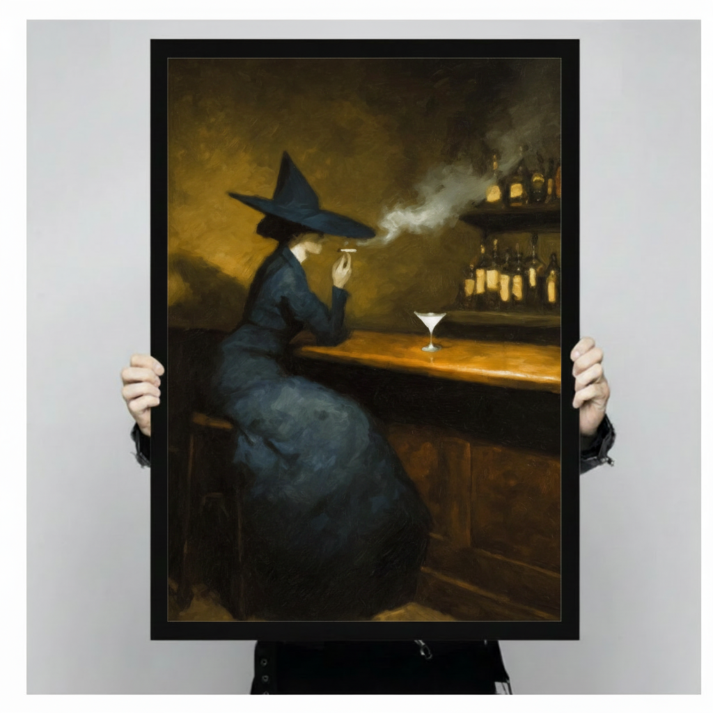 Framed canvas wall art showing a witch seated at a bar with a martini glass