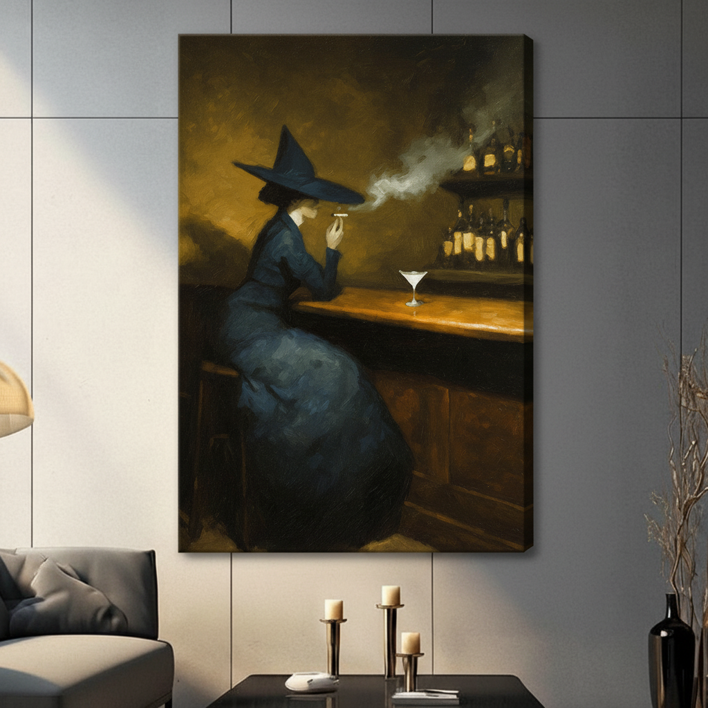 Framed canvas wall art showing a witch seated at a bar with a martini glass
