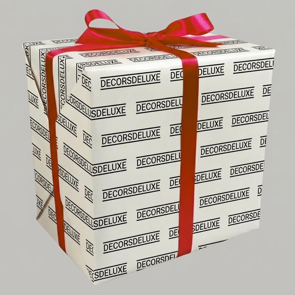 White wrapping paper with repeating black text print around a gift box